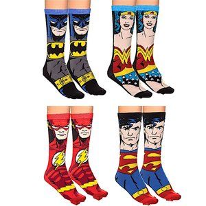 🆕 4 PAIRS SOCKS BOX SET ~ BATMAN + WONDER WOMAN + THE FLASH + SUPERMAN